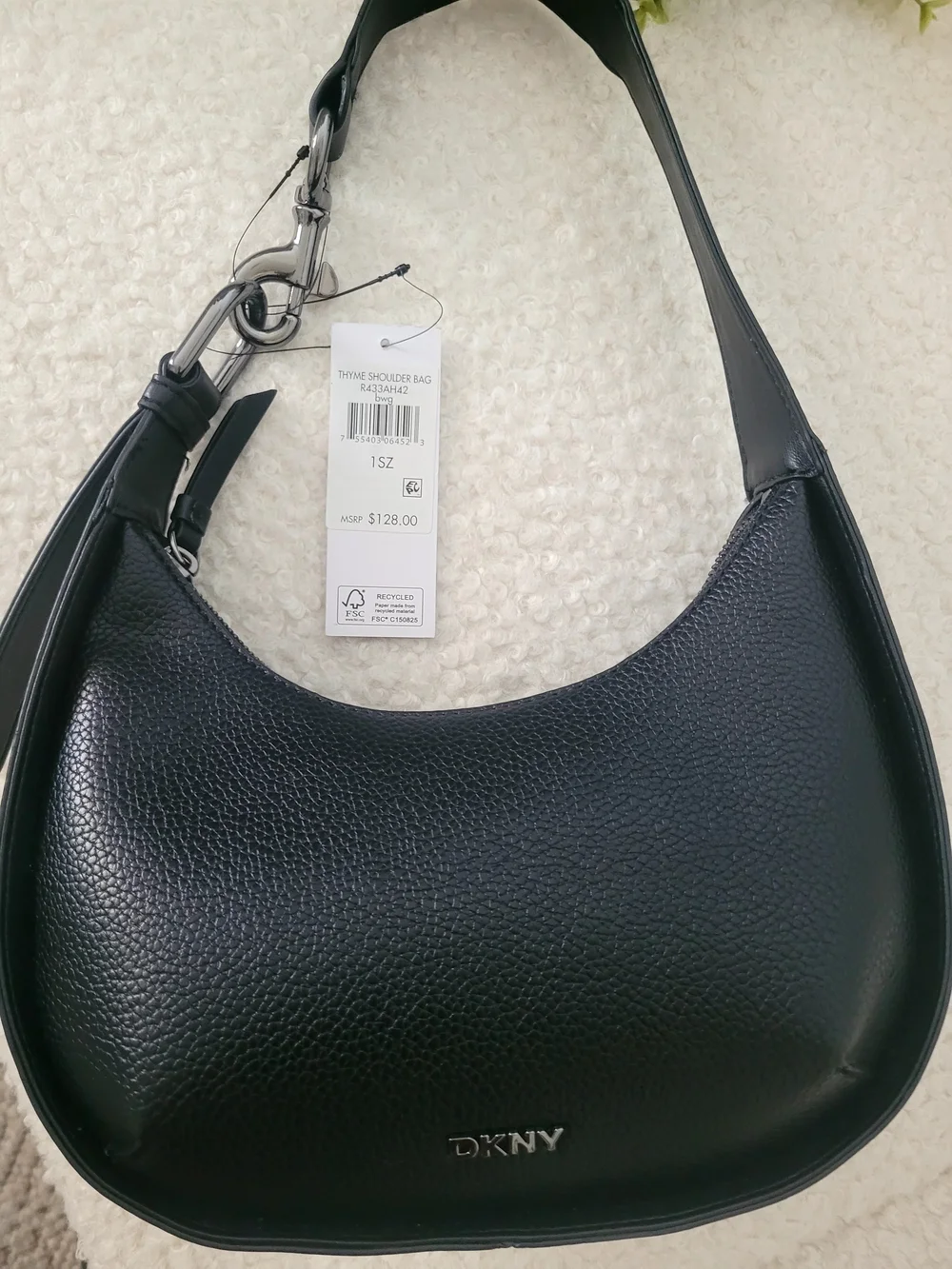 DKNY Black Pebbled Leather Hobo Shoulder Bag with Silver Hardware